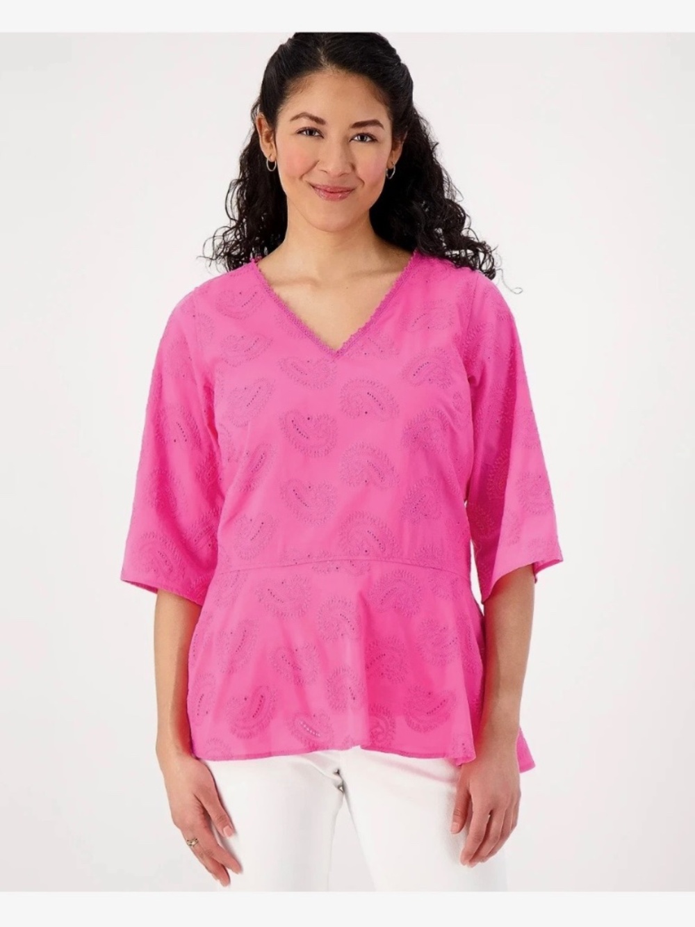 Isaac Mizrahi Live! Paisley Woven Tunic with Peplum Detail Iconic Pink. Sz M.